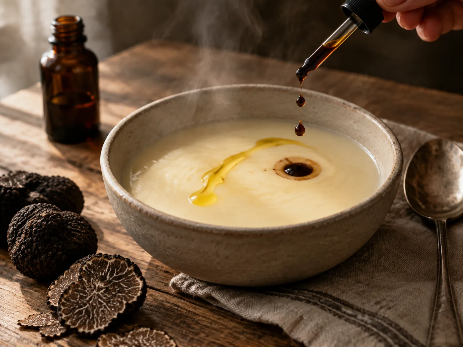 Unas gotas de aroma de trufa cayendo sobre una crema de patata recién servida