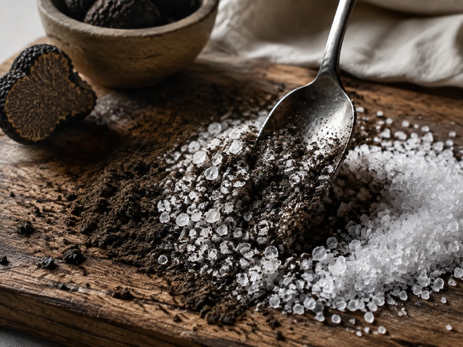 Polvo de trufa negra molida mezclándose con sal en escamas sobre una tabla