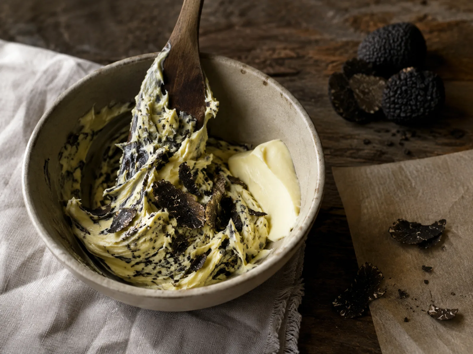 Pelures de truffe mélangées à du beurre pommade dans un bol, préparation d’un beurre composé