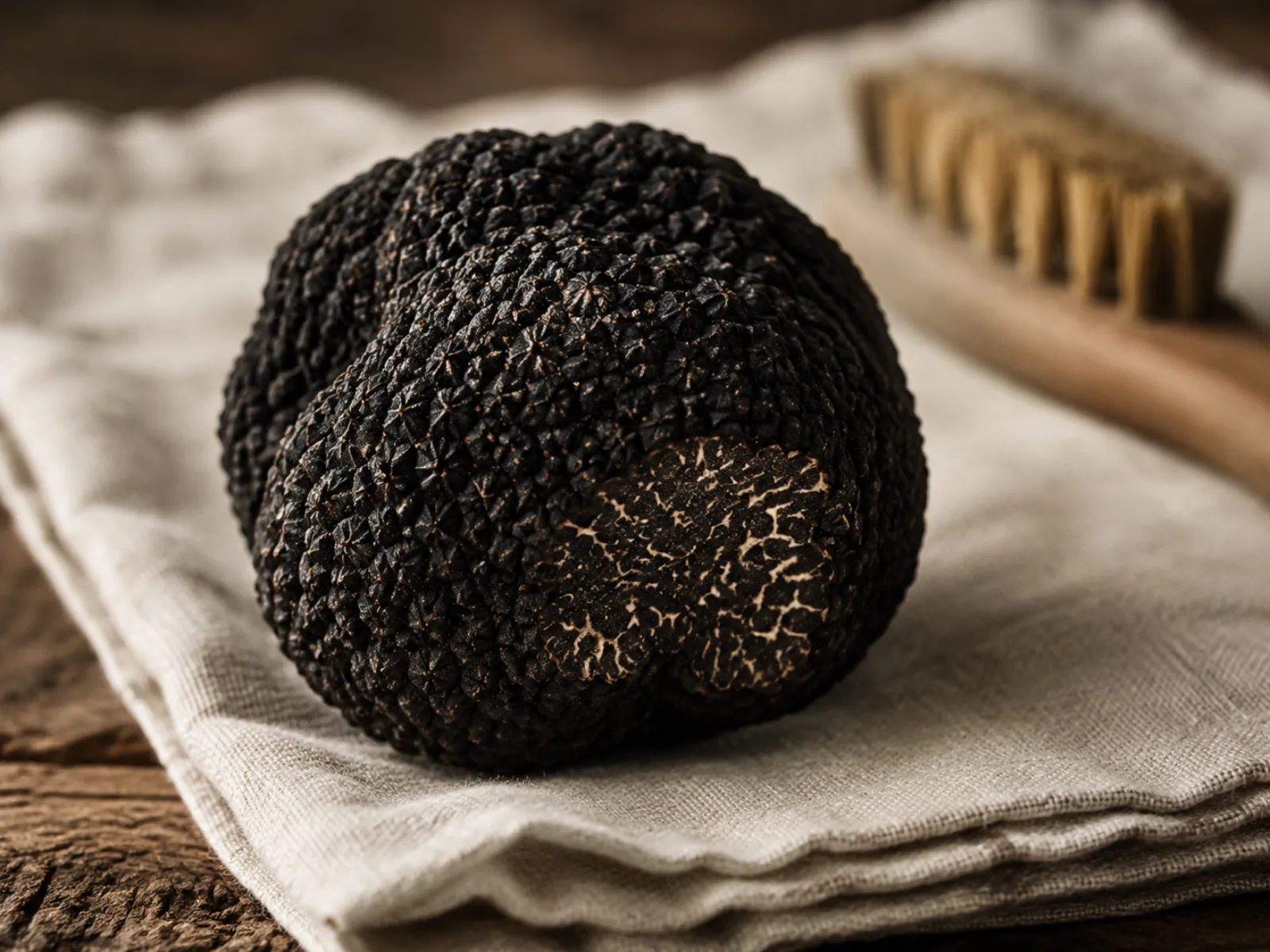 Périgord-Trüffel: eine ganze schwarze Trüffel der Art Tuber melanosporum nach dem Putzen