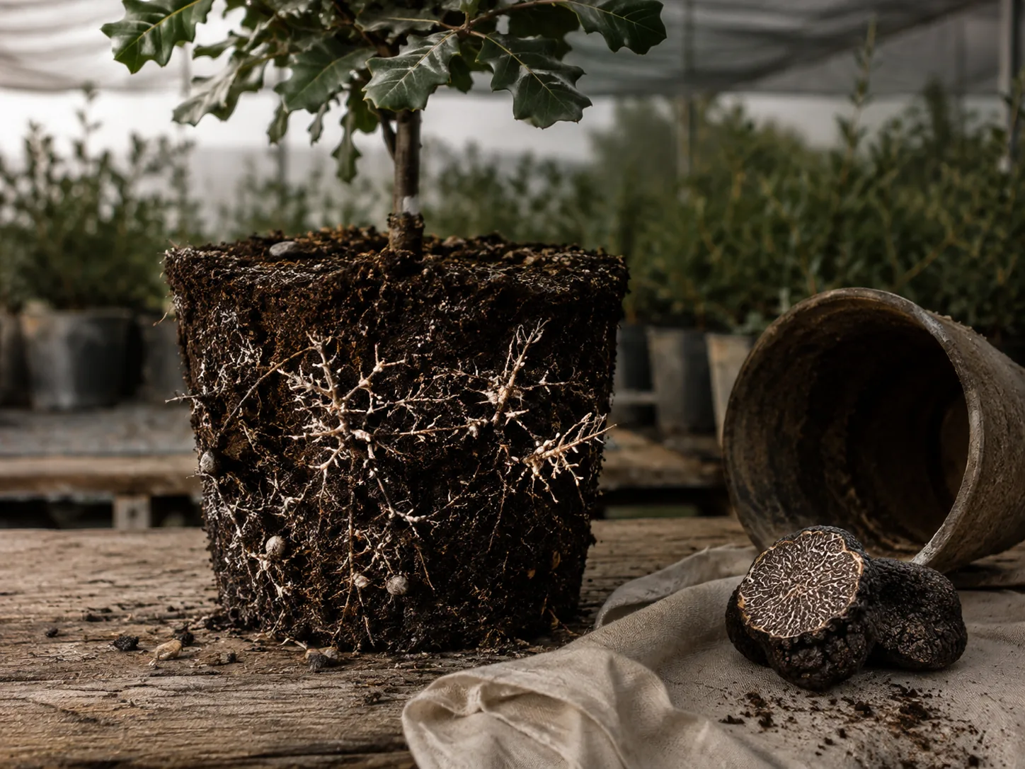Árbol trufero joven en maceta de vivero, una encina lista para plantar con la raíz micorrizada
