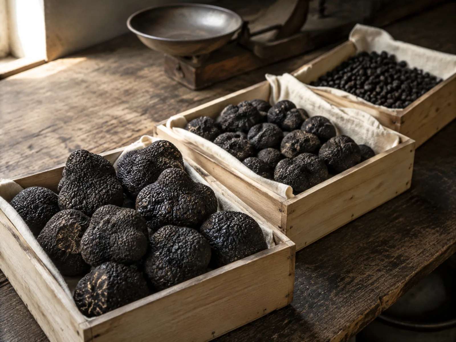 A whole truffle and the same kind of truffle broken in two, side by side, showing the difference in grade