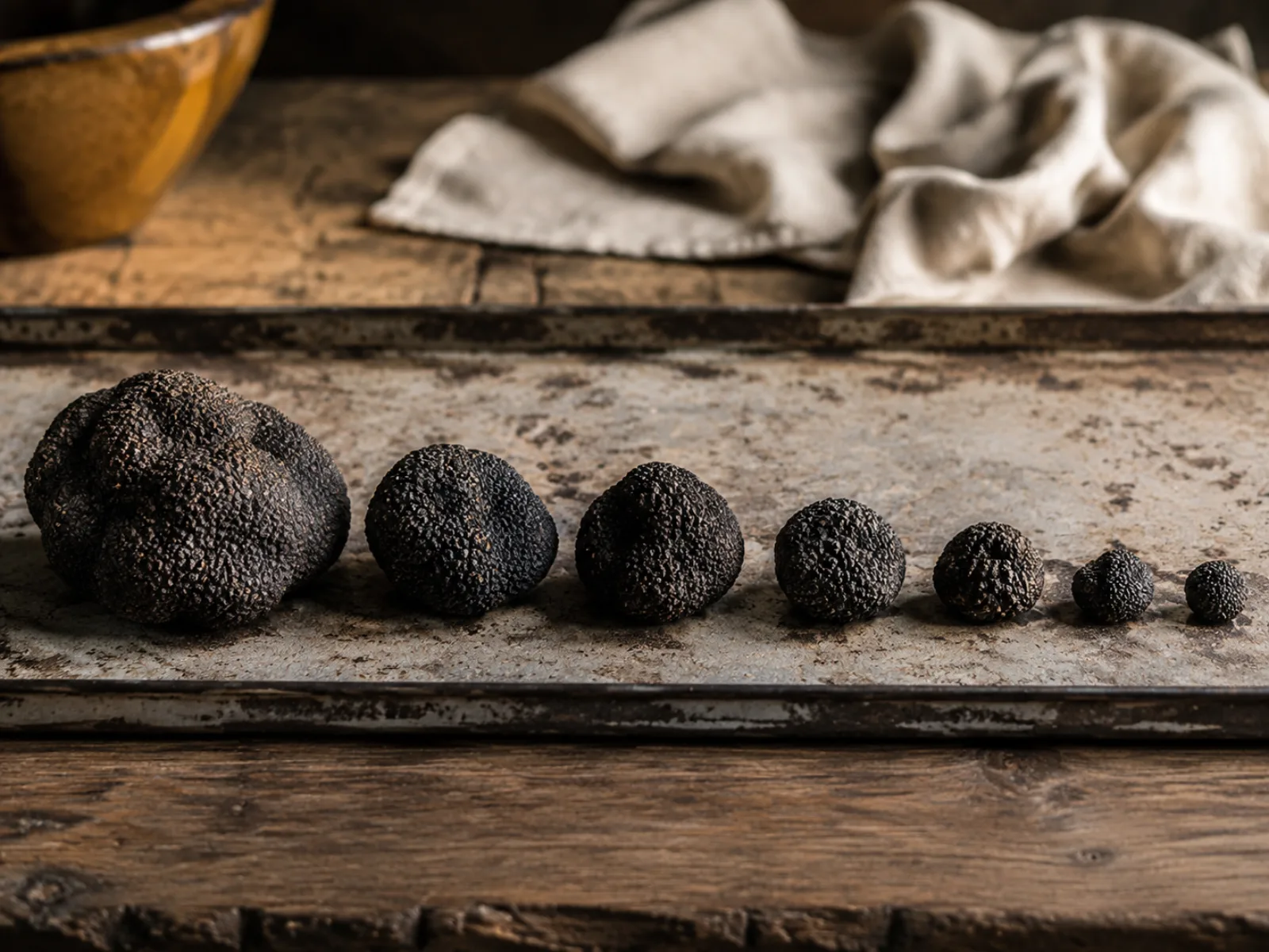 Trufas negras ordenadas de mayor a menor calibre sobre una bandeja de clasificación