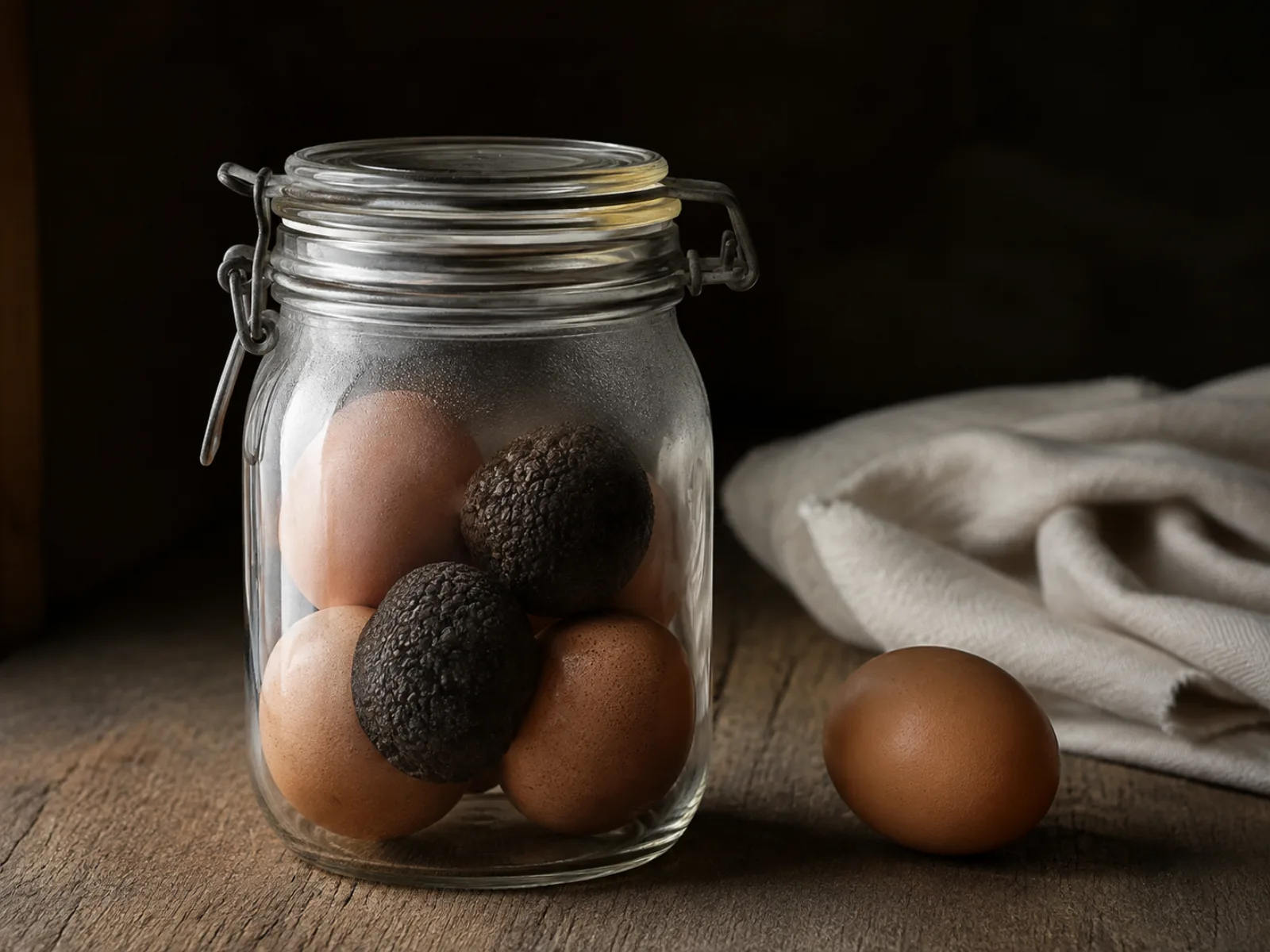 Œufs entiers et truffe noire enfermés ensemble dans un bocal, méthode d’extraction à froid