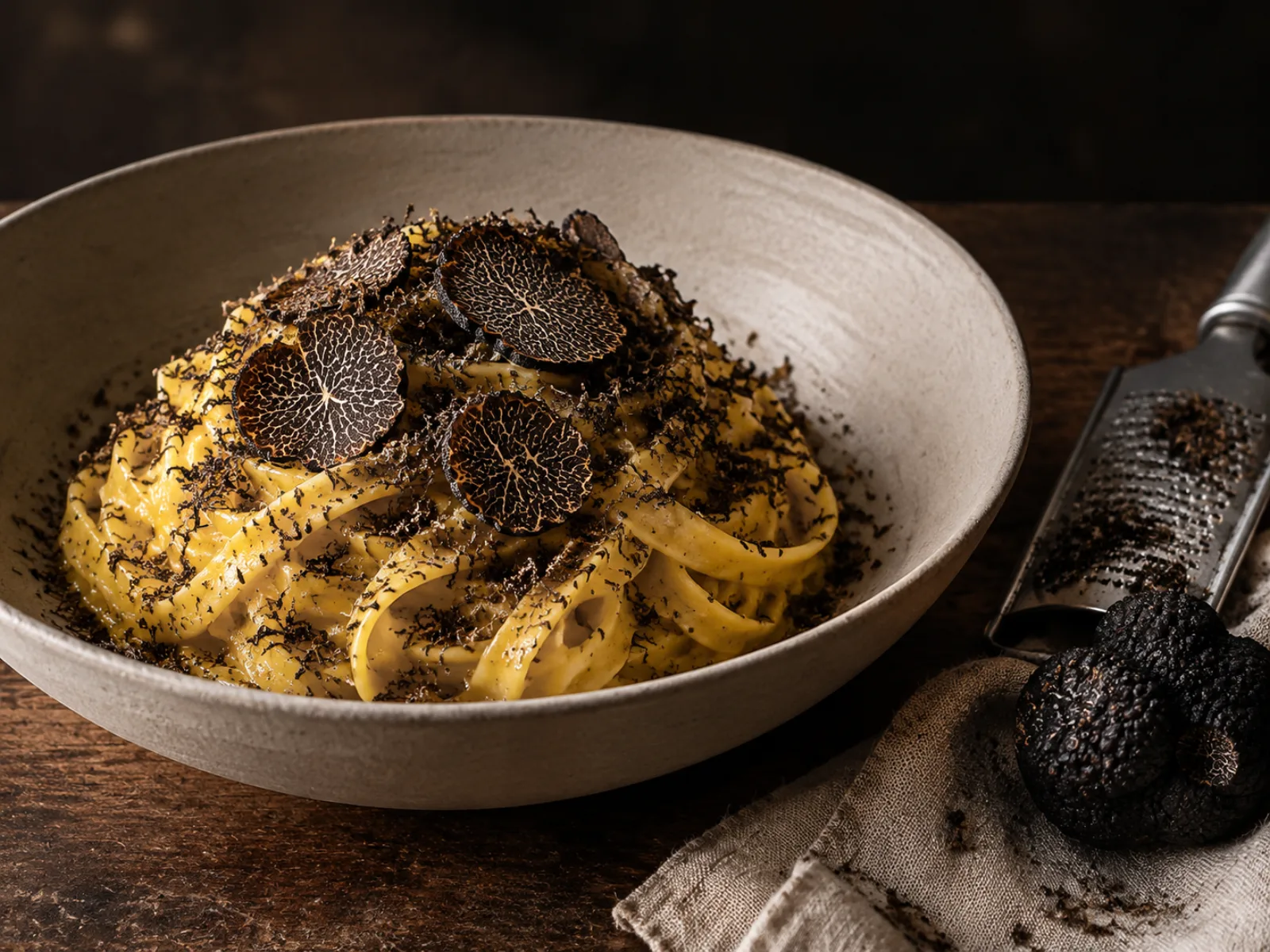 Teller Tagliatelle mit frisch gehobeltem schwarzem Trüffel