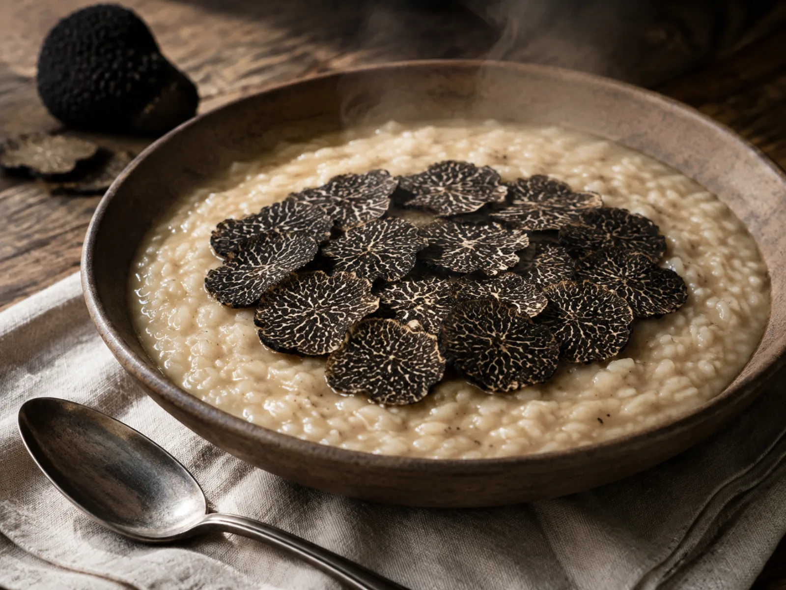 Cremiges Risotto im tiefen Teller mit Scheiben von schwarzem Trüffel