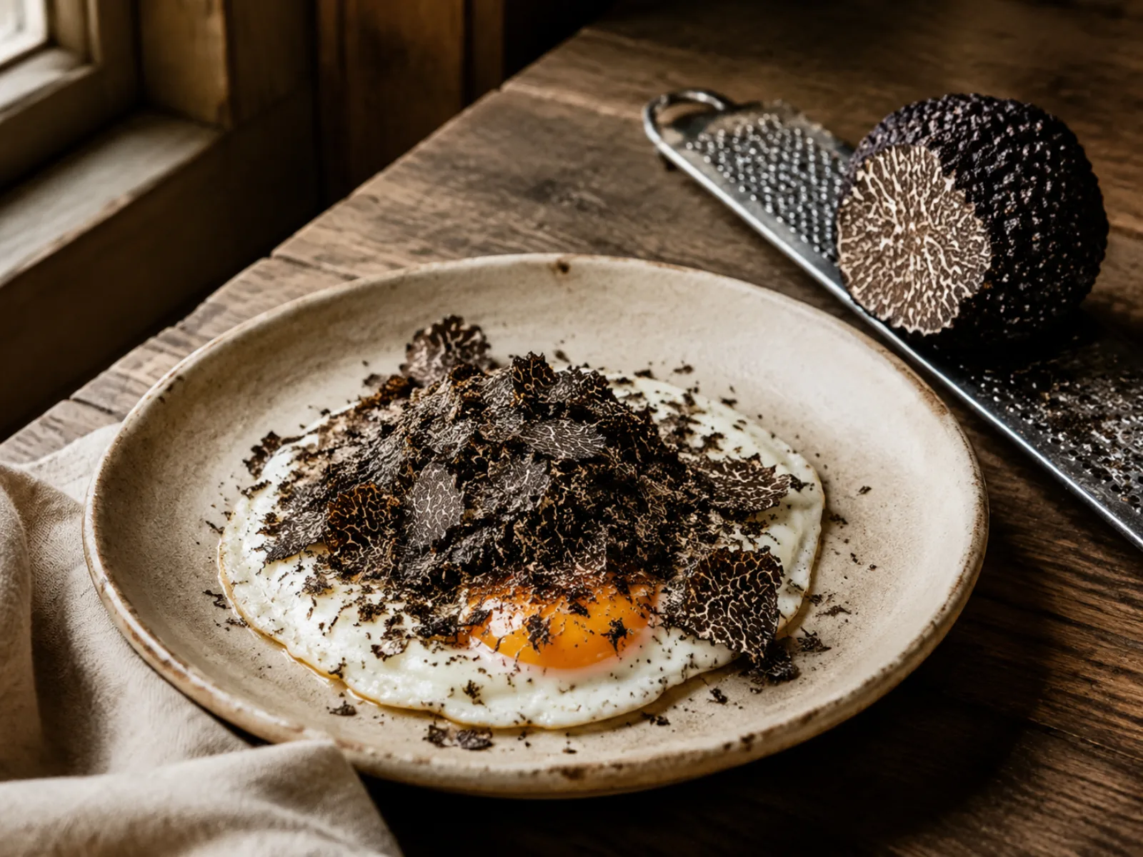 Trufa negra de forma irregular rallada sobre un plato de huevos