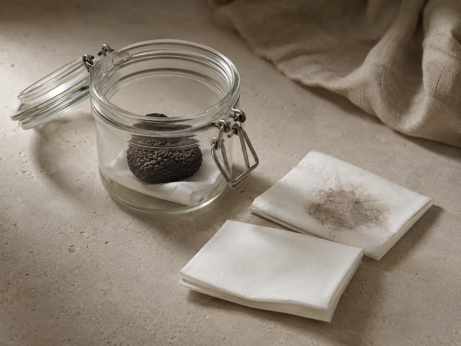 Bocal en verre ouvert contenant une truffe et un papier absorbant propre, prêt pour le changement quotidien