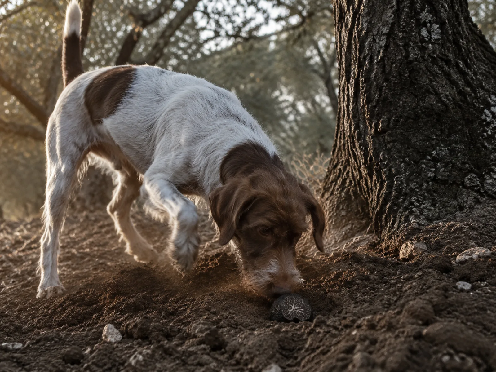 Ausgebildeter Hund zeigt unter einer Steineiche die Stelle an, an der er eine reife Knolle gewittert hat