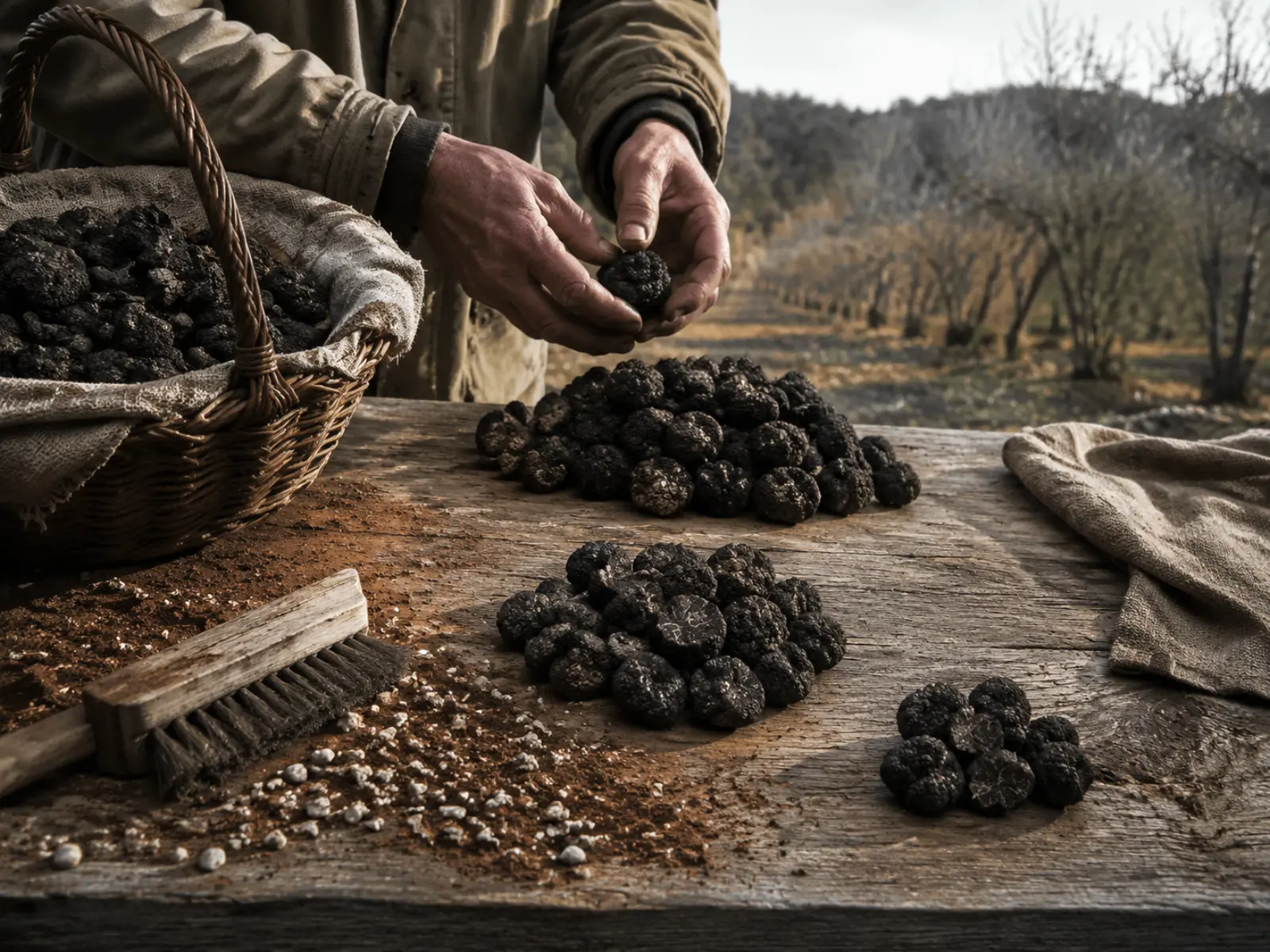 Tri des truffes par calibre sur une table de travail à la truffière, le jour du cavage